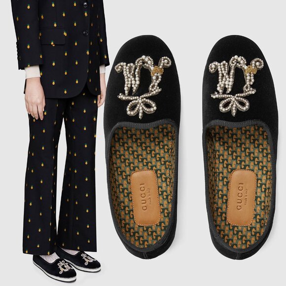 GUCCI SHOES BLACK VELVET MOCCASIN LOAFERS PEARL AM APPLIQUE FLATS sz 36.5 6.5 - Picture 1 of 12